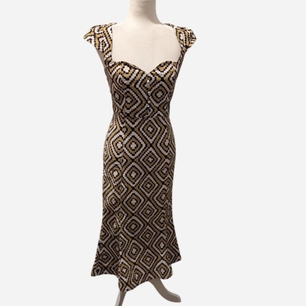 Pre-owned Elegant Geometric Midi Dress in Black and Cream